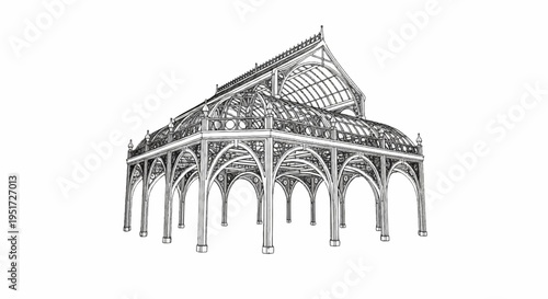 Ornate Gothic conservatory with arched supports and glass roof sections