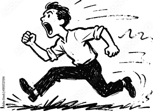Young man running fast in panic, shouting with wide open mouth, sketch vintage illustration