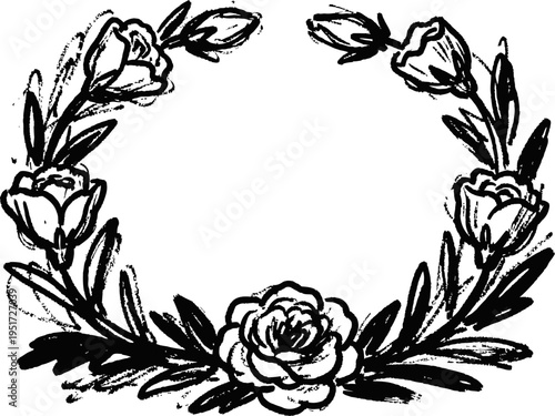 Floral wreath frame with hand drawn roses and leaves in a circular decorative design