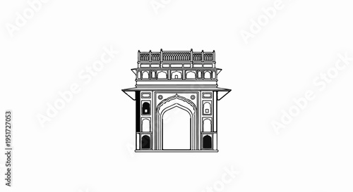 Ornate gateway with arched entrance and upper balcony with decorative railing