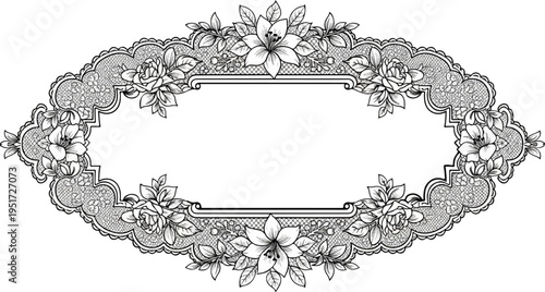 Ornate floral lace oval frame with decorative scrollwork border