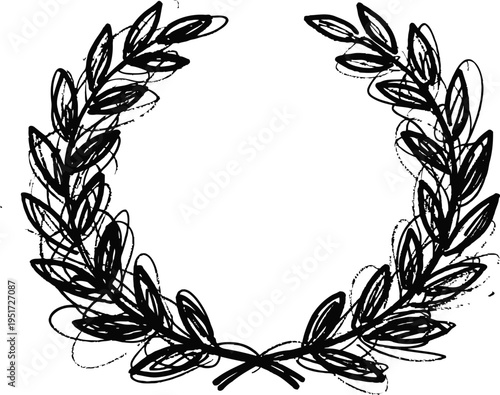 Black laurel wreath sketch with hand drawn leaves and branches in decorative circle shape