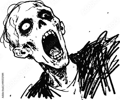 Sketch of a screaming zombie with hollow eyes and open mouth, horror creature illustration