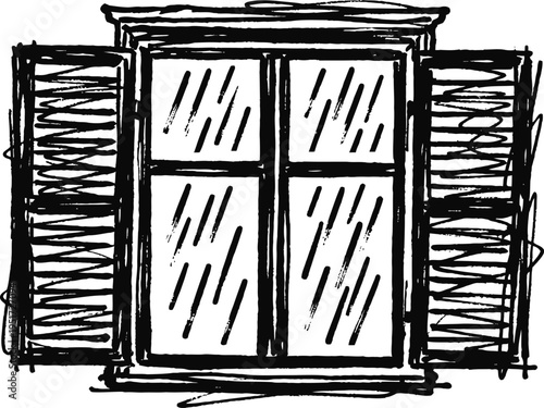 Rustic window with open shutters and rain drops on pane vintage countryside architecture, sketch line drawing