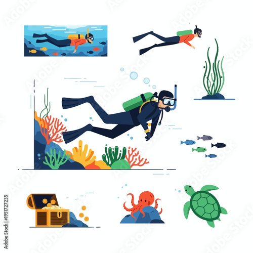 Scuba divers explore vibrant coral reef with treasure chest and marine life