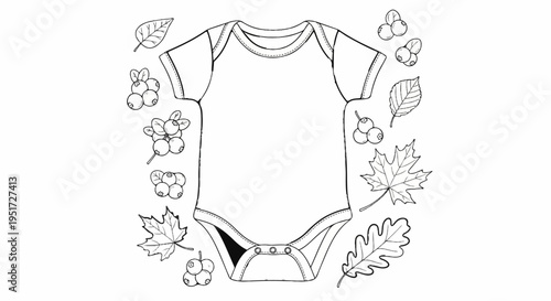 Outline drawing of a baby bodysuit with autumn leaves and berries