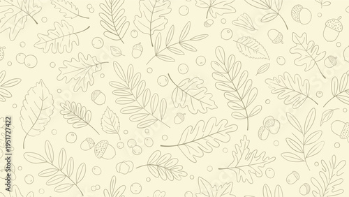 Subtle seamless pattern featuring delicate line drawings of various autumn leaves acorns and berries in a light neutral color on a beige background.