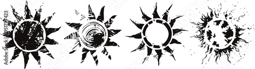 set of black sun icons with various artistic and grunge textures, celestial and nature symbols