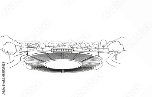 Outdoor amphitheater with tiered seating and surrounding parkland, city skyline beyond