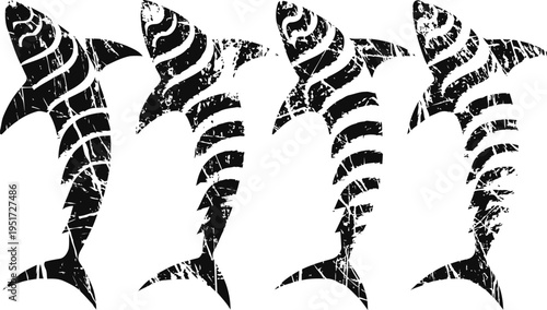 Grunge sharks set four distressed shark silhouettes with stripes and rough texture
