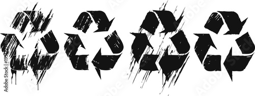 Grunge recycled symbols set with distressed paint splatter texture for environmental awareness and sustainability