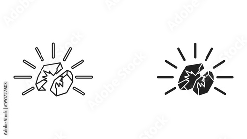 Broken coal pieces with radiating lines, black and white icon set, energy symbol