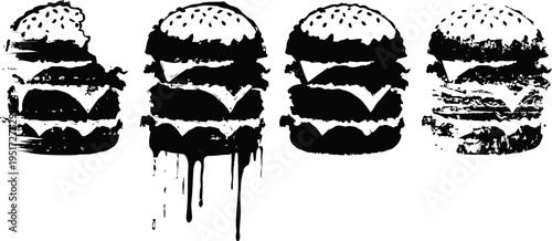 Black grunge hamburger silhouettes with drips and worn texture fast food icons in rough ink