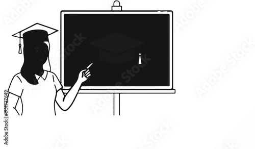 Person in graduation cap points at a blackboard with a graduation cap drawing