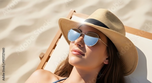 Relaxed woman sunbathing on a beach chair wearing sunglasses and hat