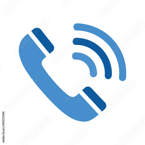 Blue telephone handset icon with sound waves, representing communication, connection, and incoming calls, simple graphic illustration