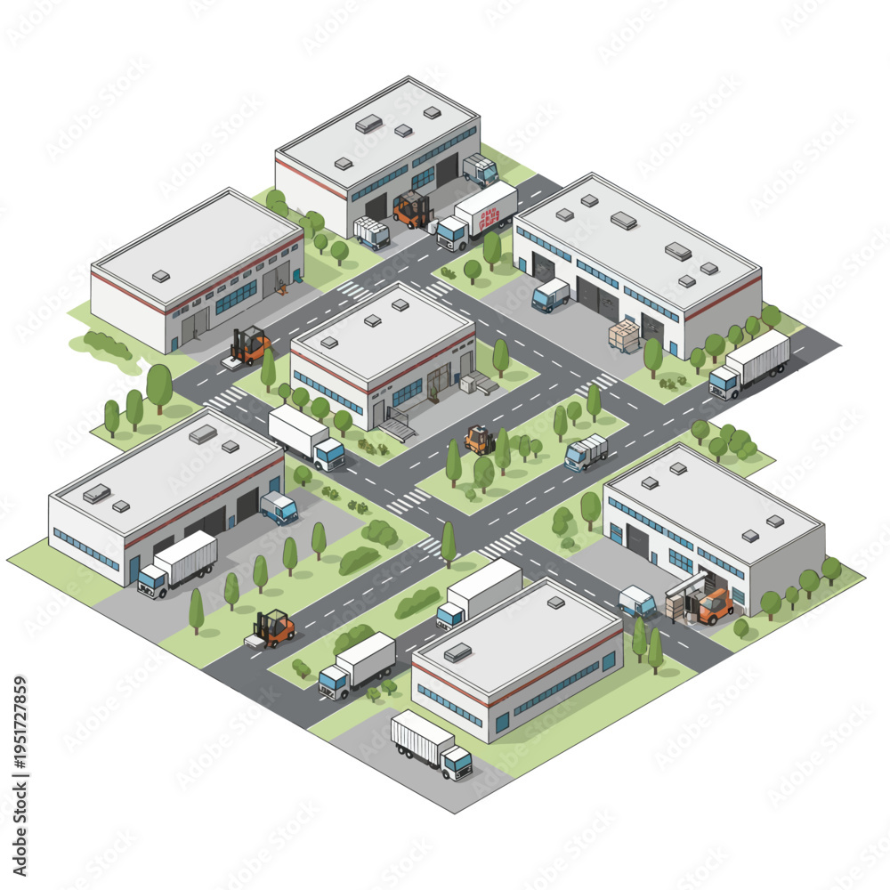 Obraz premium Isometric illustration of a modern industrial park with warehouses, trucks, forklifts, and trees, depicting logistics and distribution activities.