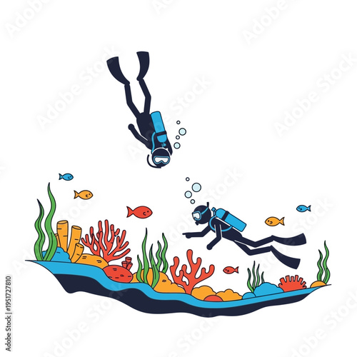 Scuba divers exploring vibrant coral reef with colorful fish and marine life