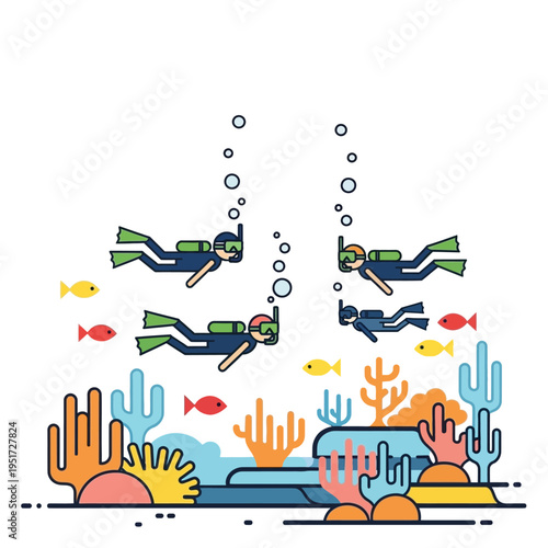 Scuba Divers Exploring Vibrant Coral Reef with Tropical Fish