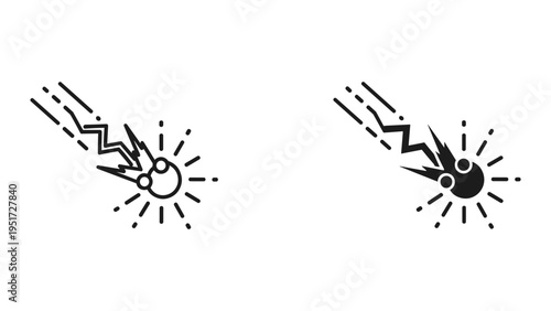 Meteoroid Icon Set, Space Rock Falling with Lightning and Rays, Line and Solid Art