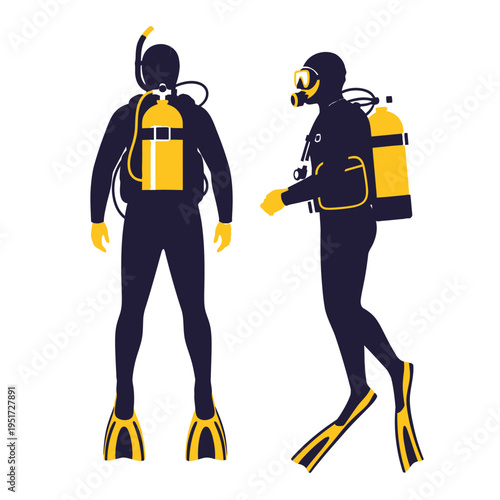 Scuba Divers in Full Gear, Underwater Exploration, Diving Equipment, Yellow and Blue