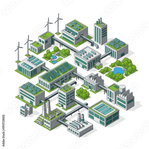 Isometric illustration of a sustainable smart city with renewable energy sources and green buildings connected by infrastructure.
