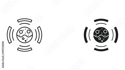 Abstract sphere with circles and waves, representing sound waves or energy transmission, line and solid icons