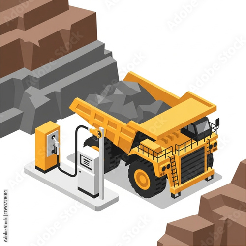 Large yellow mining truck filled with rocks at a gas station.