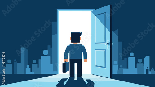 Male businessman standing at an open doorway with bright light looking towards the city skyline and career future.
