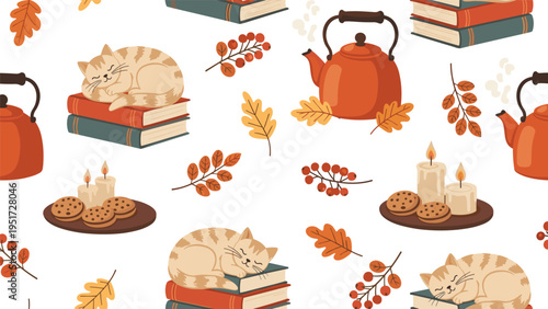 Cozy autumn themed seamless pattern featuring ginger cats sleeping on books pumpkins lit candles cookies and steaming kettles on a white background.