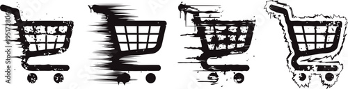 Four black shopping cart icons with motion blur effect on white background