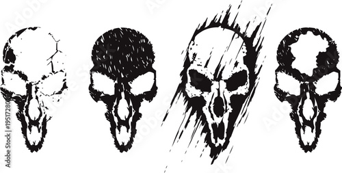 Grunge skull illustrations set with distressed texture and dynamic stroke effects in black and white