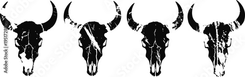 four black silhouette buffalo skulls with prominent horns on white background