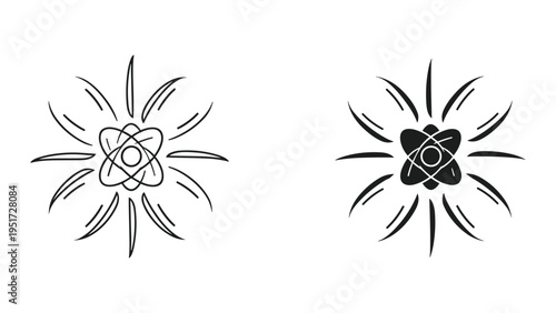 Atom Icon with Sunburst Rays, Hand Drawn Style - Black and White Outline and Solid Fill