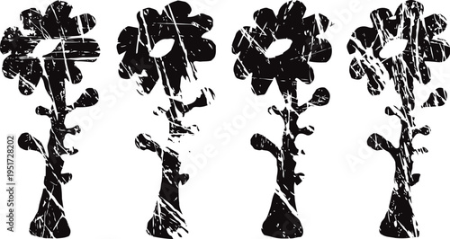 Grunge black floral silhouettes abstract distressed flower shapes with stems and leaves isolated on white background