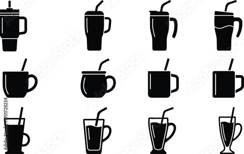 Tumbler and mug silhouette vector set featuring reusable cups with straws, travel tumblers, and coffee mugs for beverage icon design assets.