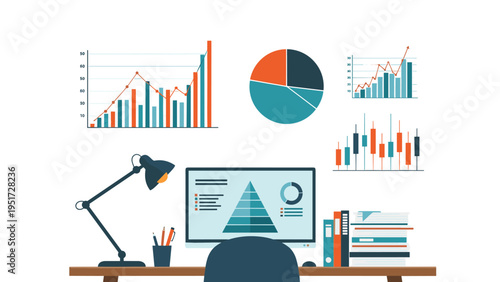 Home office workspace with computer monitor showing data analytics and charts displayed on the background wall.