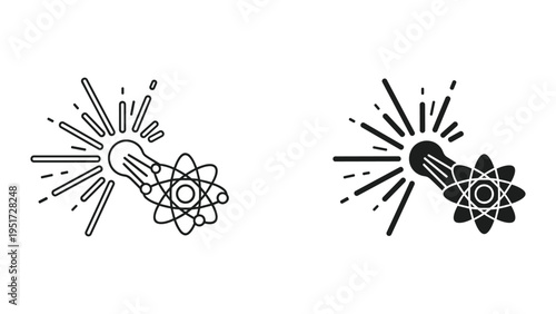 Light Bulb with Atom Icon and Rays - Science, Innovation, Discovery, Energy, Ideas