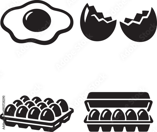 Bold minimal vector icons of egg, fried egg, and egg carton for food design projects
