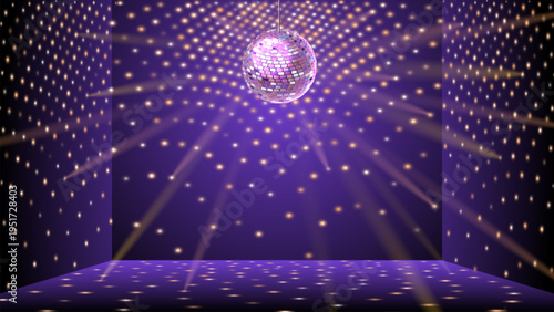 Disco ball in dance club room. Sparkling disco ball with light rays, glittering mirrorball in empty studio, glowing party spotlights and reflective dancefloor. Nightclub interior 