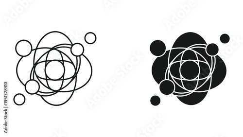 Abstract Atom Model Icon Set: Line Art and Solid Black Styles