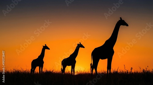 Giraffe mother protecting her calves, standing together on an African savanna while watching a breathtaking sunset, symbolizing family bonds, wildlife conservation, and World Wildlife Day. Copy space