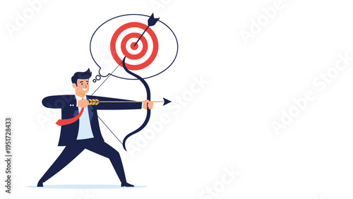 Businessman in a suit and red tie aiming a golden arrow with a bow towards a red target on a blue and white background.