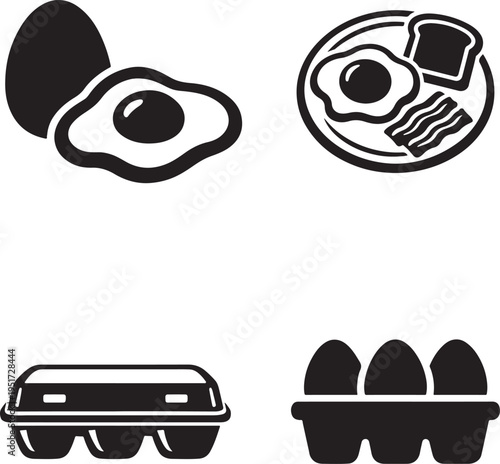 Egg, fried egg, and egg box bold icon set representing breakfast, food, and nutrition