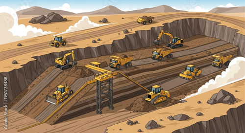 Large-Scale Mining Operation with Heavy Machinery in a Desert Landscape.