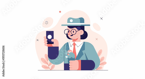 Person in hat and glasses holds phone, with decorative elements