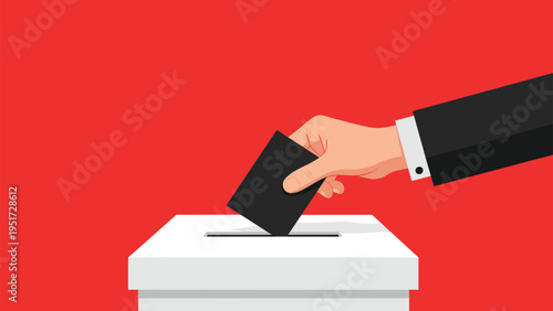 Close up of a hand in a business suit sleeve placing a black ballot paper into a white voting box on a red background.