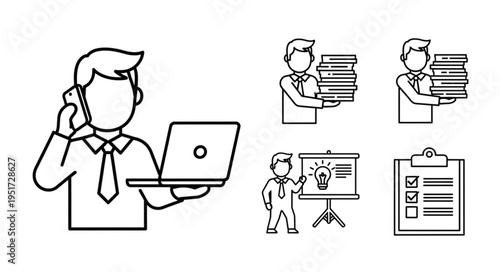 Line Art Illustration of a Busy Businessman Engaged in Multiple Tasks.