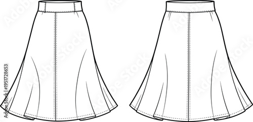 Women panel flared skirt technical fashion sketch front and back view vector outline clothing design