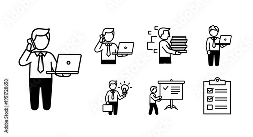 Line Art Illustration of Business Professionals Engaged in Various Tasks.